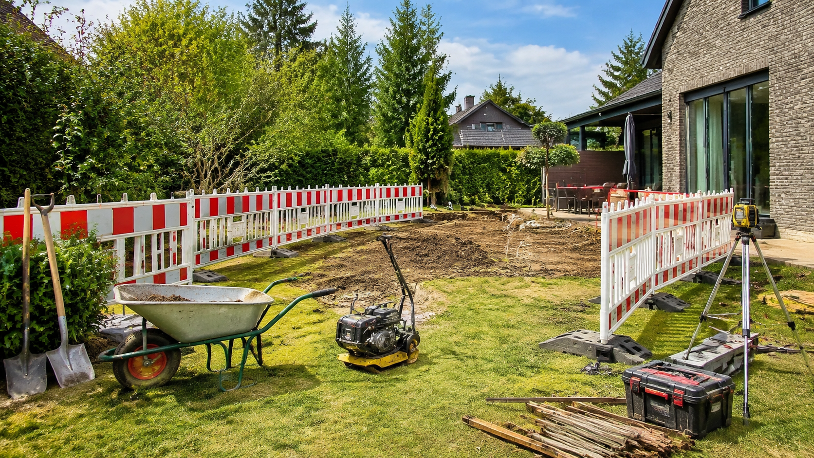 Vorbereitete Gartenbaustelle mit Maschinen und Material