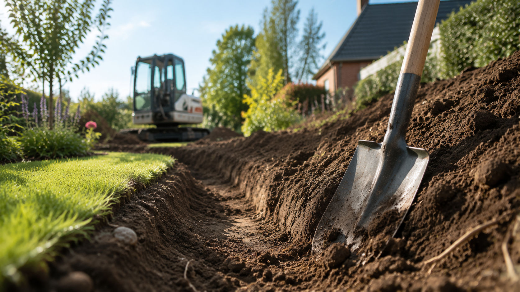 Minibagger bei Erdarbeiten für ein Gartenprojekt